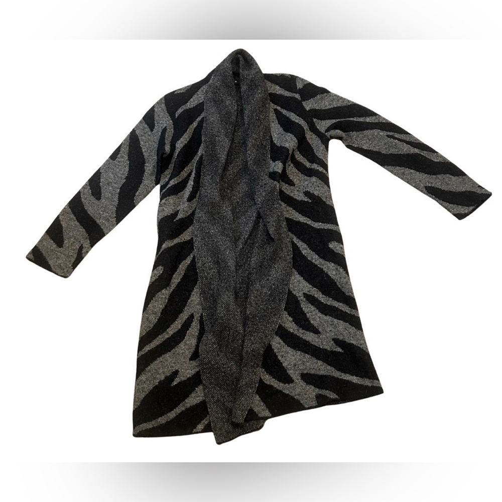 REPEAT Cashmere Silver Ed. Zebra Open Front Long Cardigan | XXS | Grey/Black